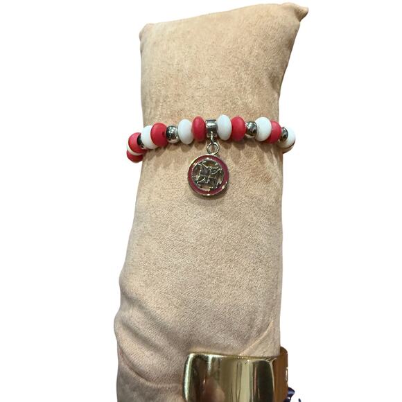 Rustic Cuff Red, White , & Silver Beads Stretch Bracelet Stackable logo charm - Picture 9 of 12